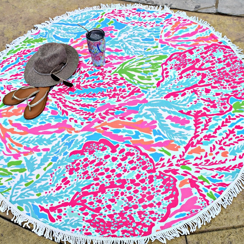 Coral Print Round Beach Towel with White Fringe